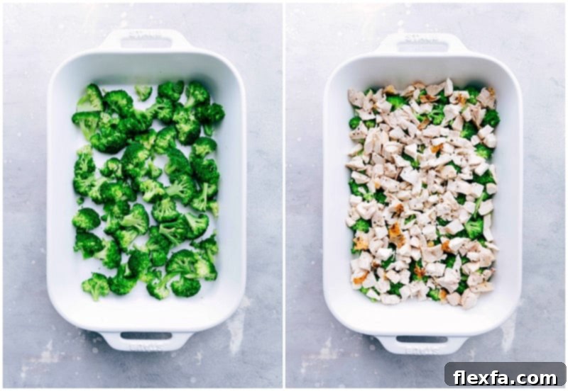 Broccoli and chicken being added to the casserole dish.