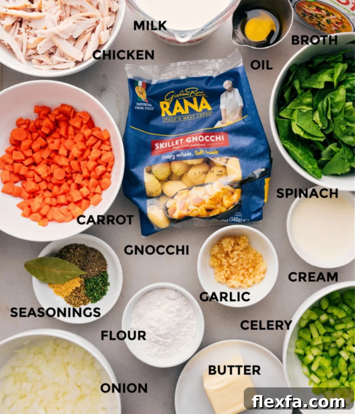 A vibrant display of fresh ingredients for Chicken Gnocchi Soup, including finely diced carrots, celery, onion, spinach, tender chicken, soft gnocchi, various seasonings, and creamy liquids, all prepped for easy assembly.