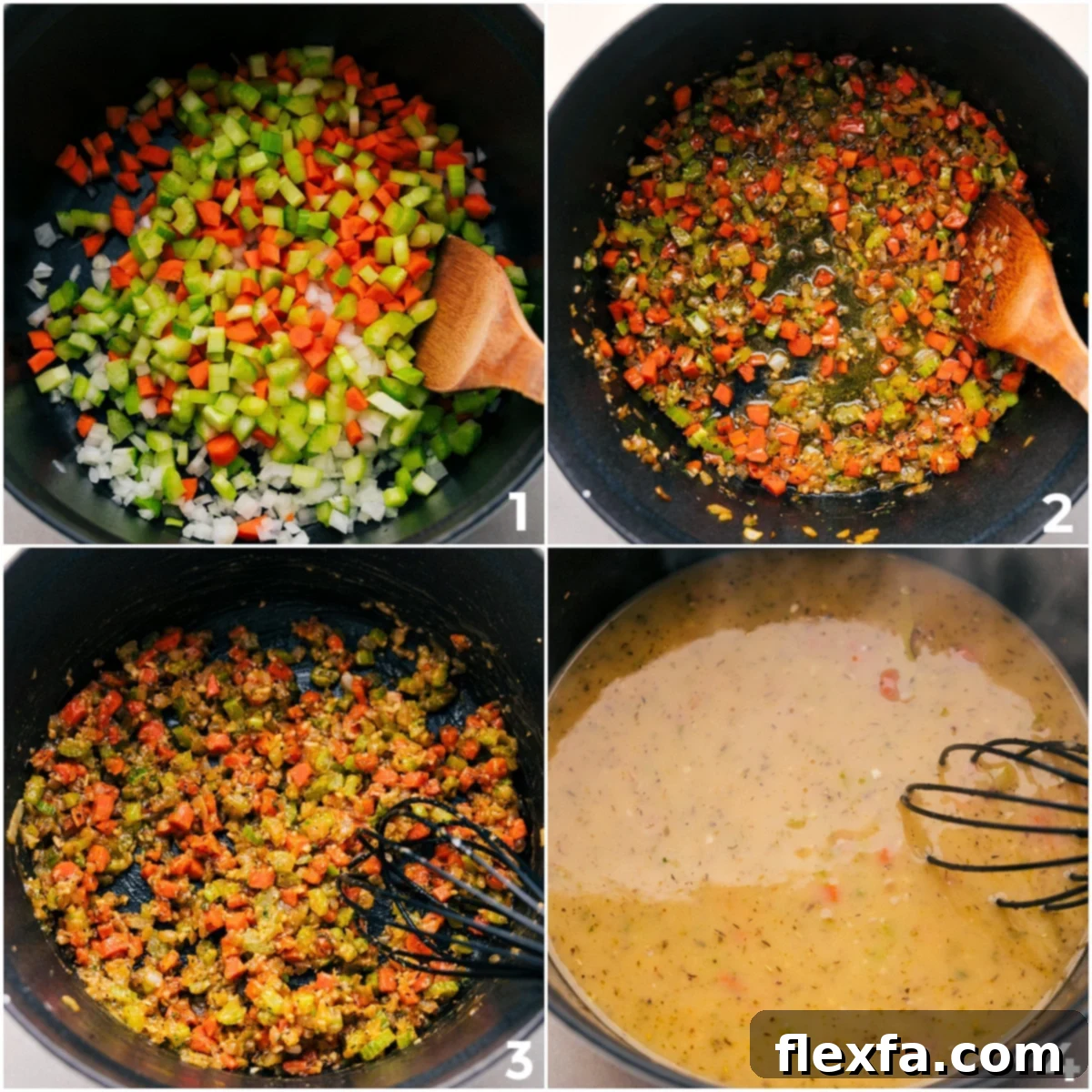 A large pot on the stove with diced onions, carrots, and celery sautéing in olive oil, ready for seasonings and broth to be added.
