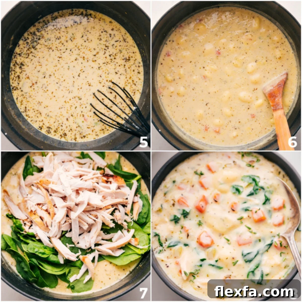 A close-up of the finished creamy Chicken Gnocchi Soup in a large pot, with tender chicken, gnocchi, and spinach swimming in the rich broth, ready to be served.