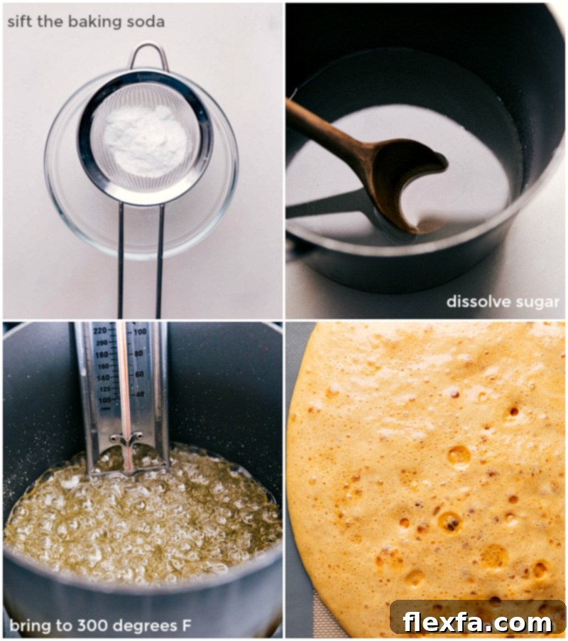 Step-by-step process of making honeycomb candy: sifting baking soda, dissolving sugar mixture in a pot, boiling to 300 degrees F with a thermometer, and pouring the expanding mixture onto a prepared pan.