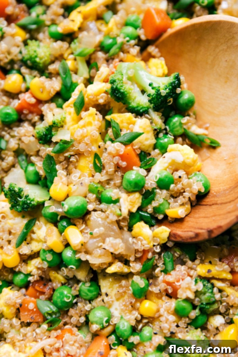 A scoop filled with a hearty serving of Quinoa Fried Rice, showing the fluffy quinoa grains mixed with colorful vegetables and savory egg pieces.