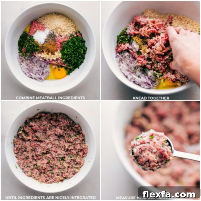 Process shot of combining all Greek Meatball ingredients including ground beef, panko, herbs, and spices in a large bowl and mixing them thoroughly by hand.