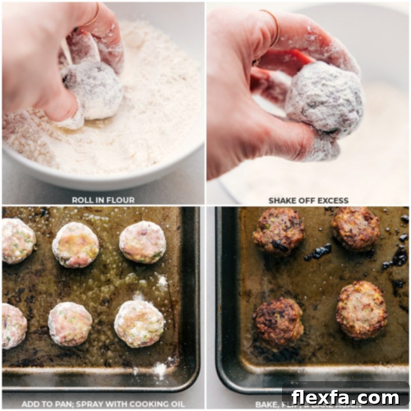 Image showing Greek meatballs being dipped in flour, sprayed with cooking spray, and then baked on a sheet pan to achieve a crispy exterior and juicy interior.
