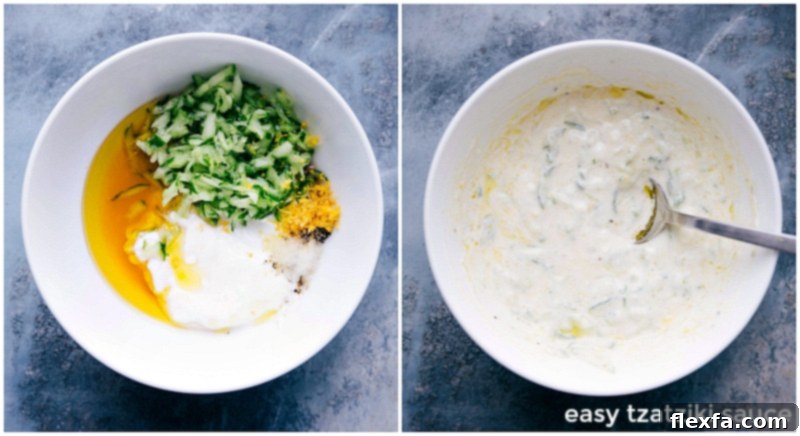 Ingredients being combined to prepare fresh tzatziki sauce.