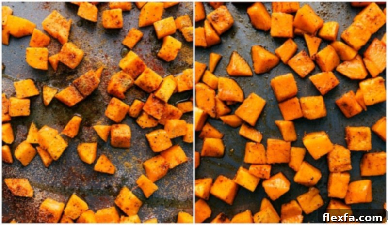 Prepping butternut squash for roasting to make delicious vegetarian tacos. Step-by-step image showing diced butternut squash on a baking sheet, seasoned and ready for roasting.