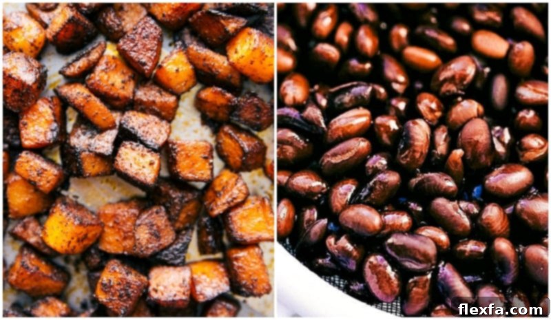 Roasted butternut squash and black beans – the flavorful filling for your vegetarian tacos. A close-up overhead shot of roasted butternut squash and seasoned black beans, perfectly cooked and ready to be assembled into tacos.