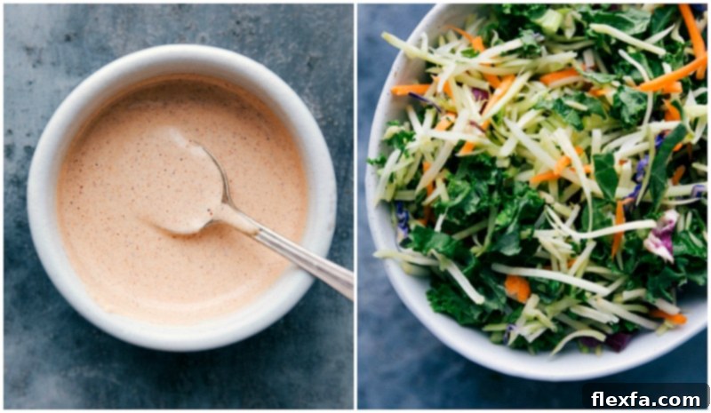 The perfect creamy sauce and crunchy slaw for your Butternut Squash Tacos. Close-up of the creamy, savory dressing and a bowl of fresh, crunchy coleslaw, essential components for building delicious tacos.