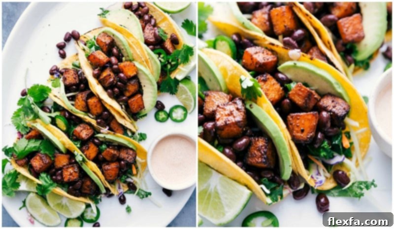 Perfectly crafted vegetarian Butternut Squash Tacos for a delightful meal. A beautifully composed close-up of two finished Butternut Squash Tacos, garnished with fresh toppings and ready for serving.