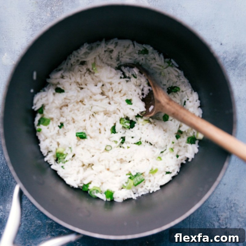 Coconut Rice for Vegetarian Lettuce Wrap Filling Fluffy coconut rice, a perfect addition to the vegetarian lettuce wrap recipe, garnished with fresh green onions.