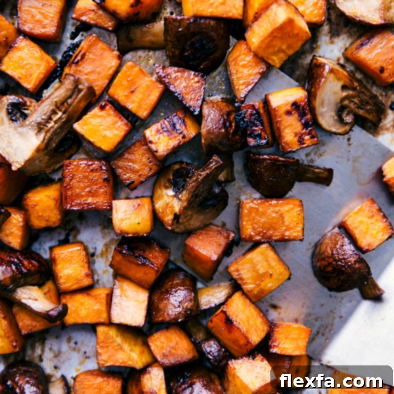 Roasted Sweet Potato and Mushroom Fillings for Vegetarian Lettuce Wraps Freshly roasted sweet potatoes and mushrooms, hot out of the oven, prepared for the wraps. Perfectly caramelized and seasoned.