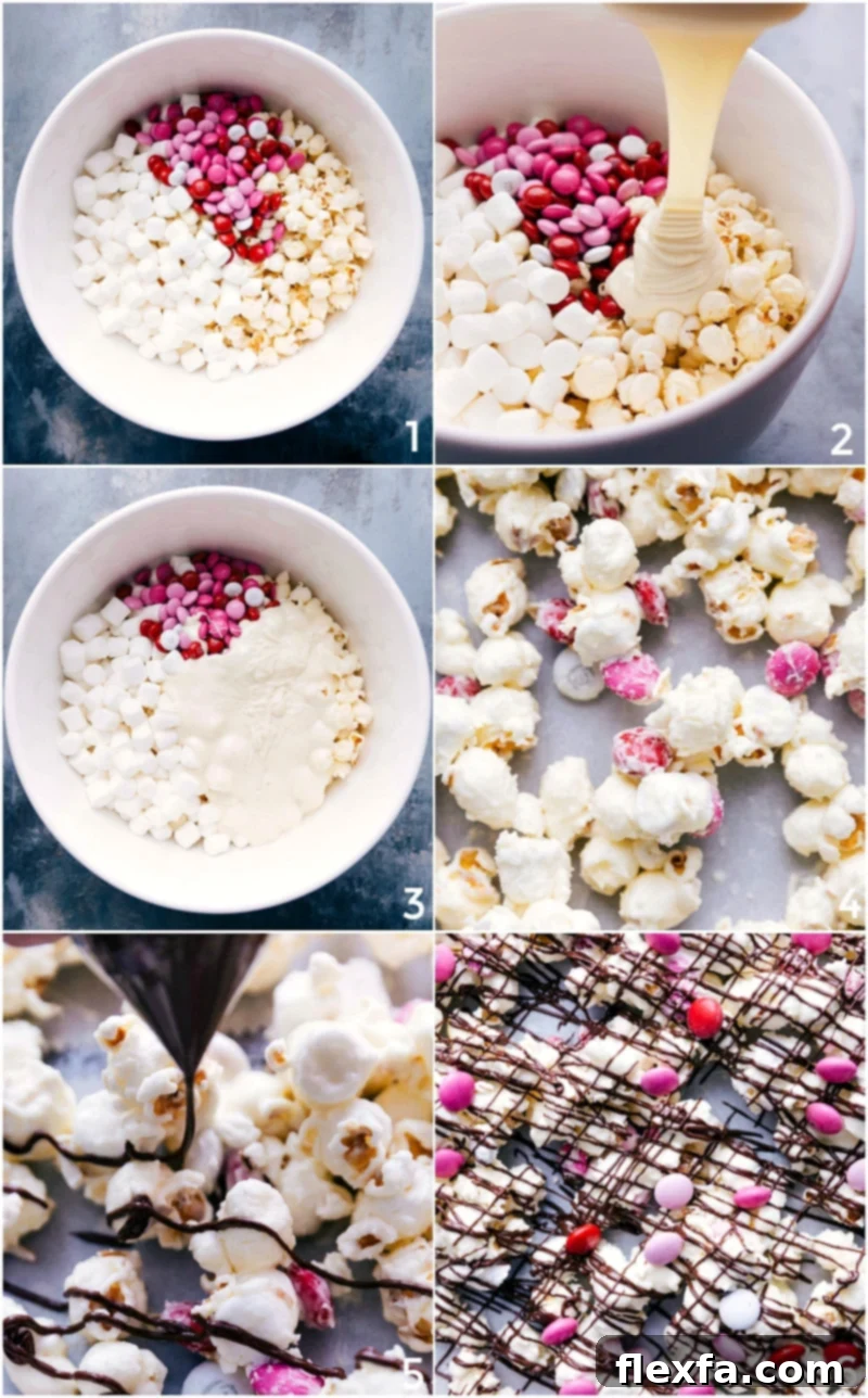 The process of making Valentine's Popcorn, showing melted chocolate being drizzled over the ingredients.