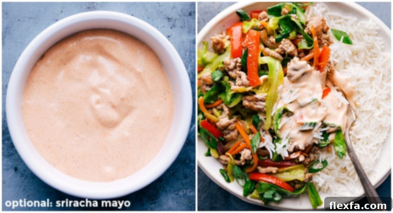 Bowl of optional sriracha mayo sauce to complement the dish, adding a spicy kick.