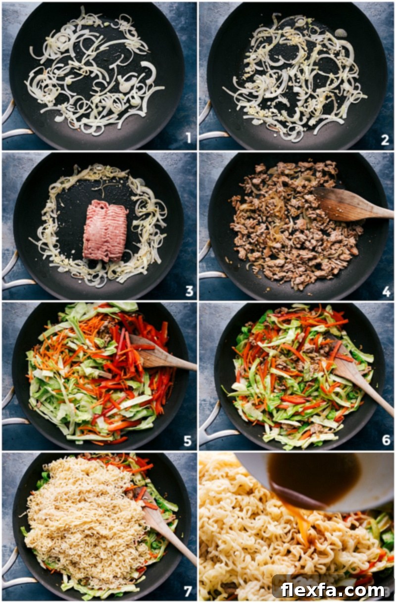 The cooking process of Egg Roll Noodles shown in a pan: onions, ginger, garlic, ground pork, and various vegetables are successively added and stir-fried, with noodles and sauce added at the final stage.