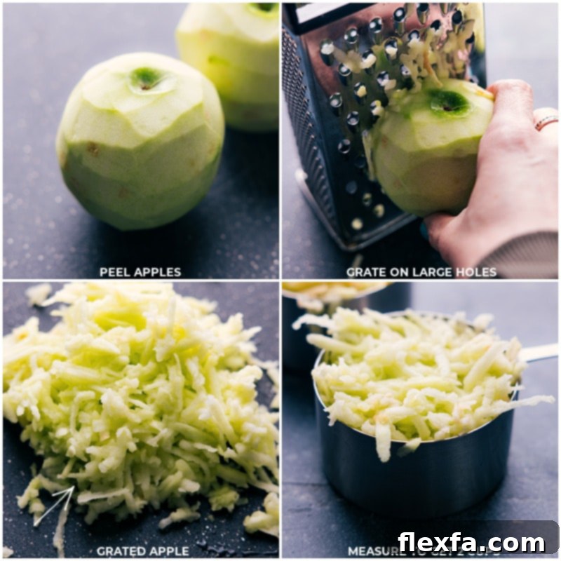 Process images showing an apple being expertly grated, highlighting the key step for achieving incredibly moist apple bread.