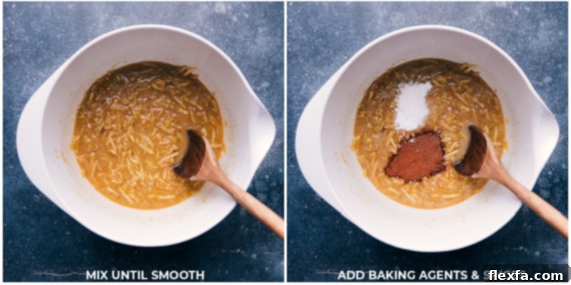 Process images showing dry baking agents and aromatic spices being carefully mixed together in a bowl, preparing for the apple bread batter.
