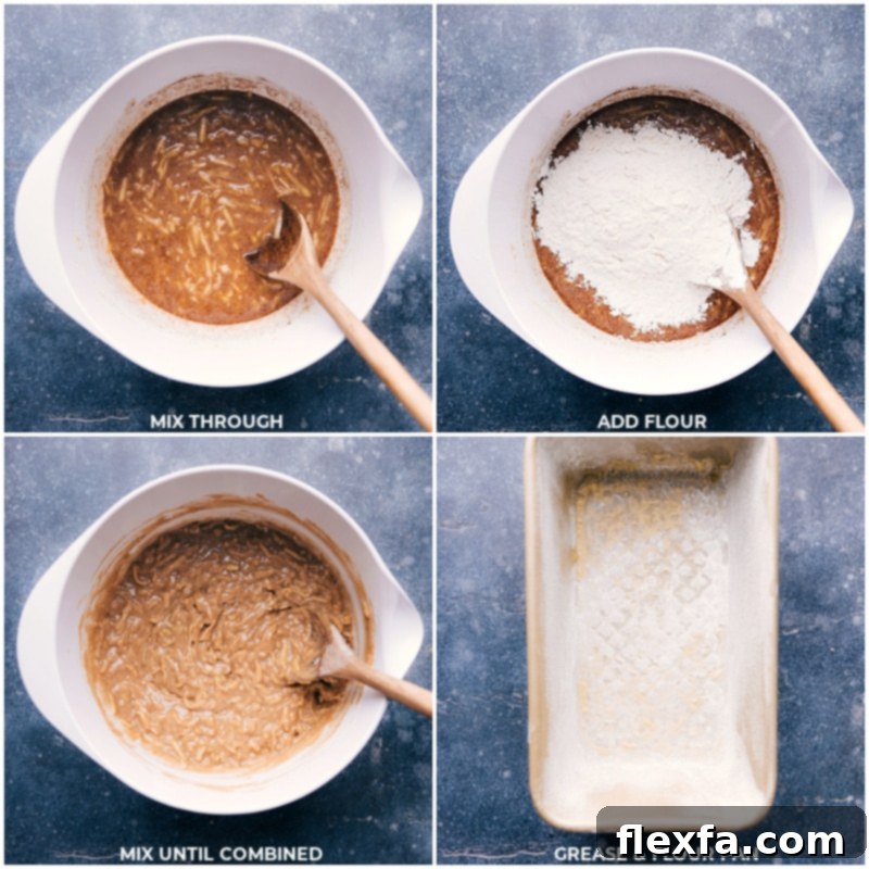 Process images showing flour being gently mixed into the wet ingredients for apple bread and a loaf pan being meticulously prepared with parchment paper.