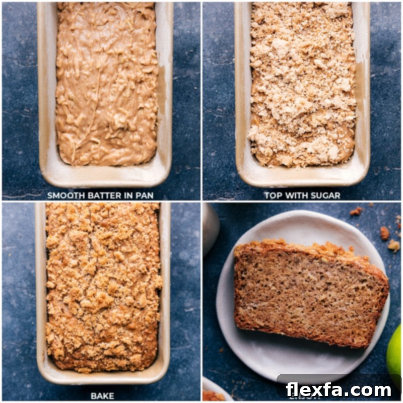 A freshly baked loaf of apple bread, golden brown and glistening, resting on a wire rack after cooling, ready to be sliced.