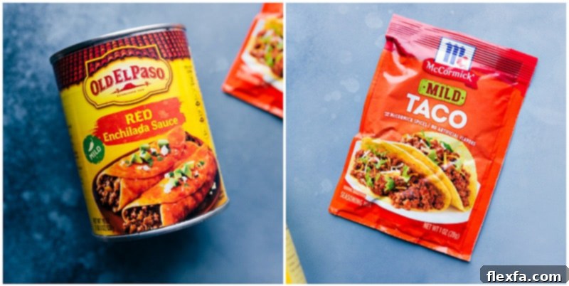 A close-up shot of enchilada sauce and taco seasoning packets, highlighting key flavor components of the Mexican Quinoa recipe.