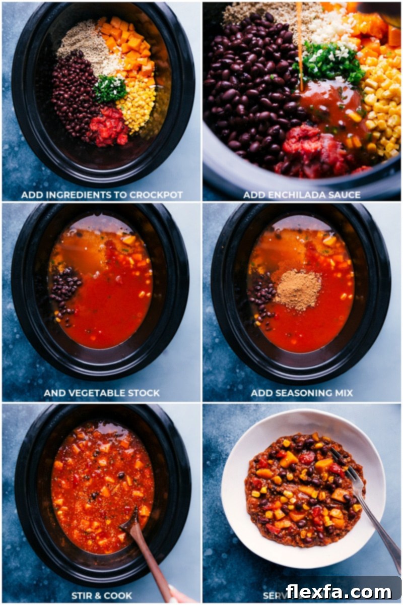 Assorted ingredients being carefully added to a slow cooker, illustrating the 'dump and cook' method of the recipe.