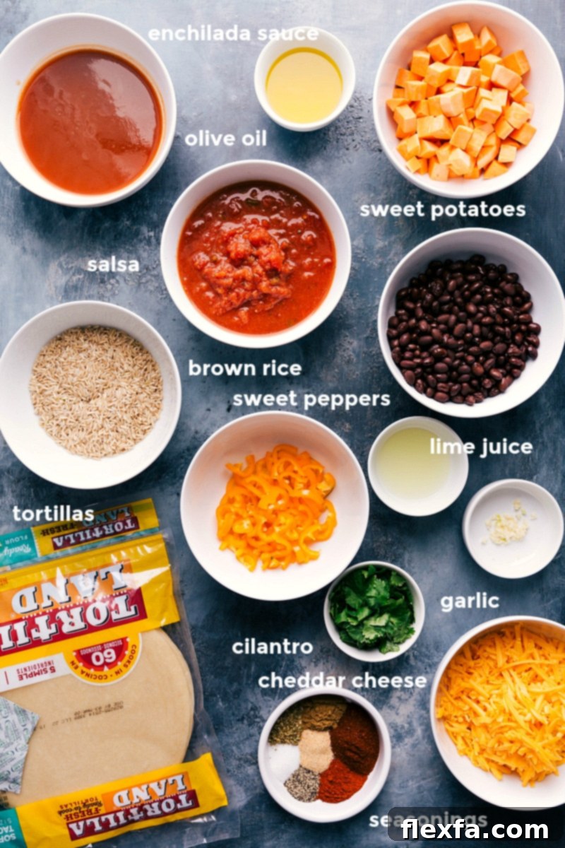 A vibrant array of fresh ingredients being assembled for sweet potato black bean enchiladas, showcasing the colorful components of the filling.