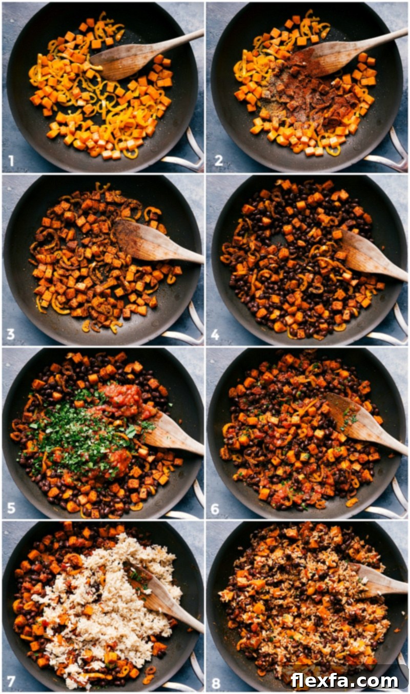 Preparing the flavorful filling, combining sweet potatoes, black beans, seasonings, and other ingredients for this Sweet Potato And Black Bean Enchiladas in a large skillet.