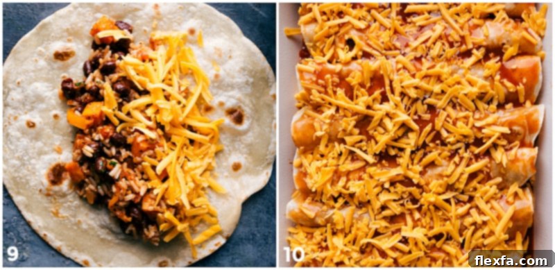 Layering the filling into tortillas and assembling sweet potato enchiladas, ready for baking with fresh shredded cheese in a casserole dish.