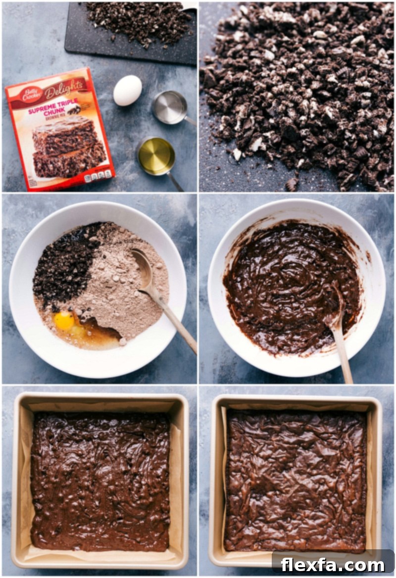 Step-by-step process of making mint chocolate brownies, from combining ingredients to adding Oreos and finally baking the batter.