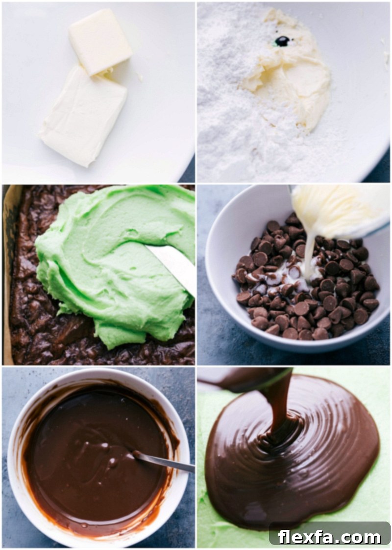 The preparation of mint frosting and melting chocolate to pour on top of the frosting layer for a mint chocolate brownie.