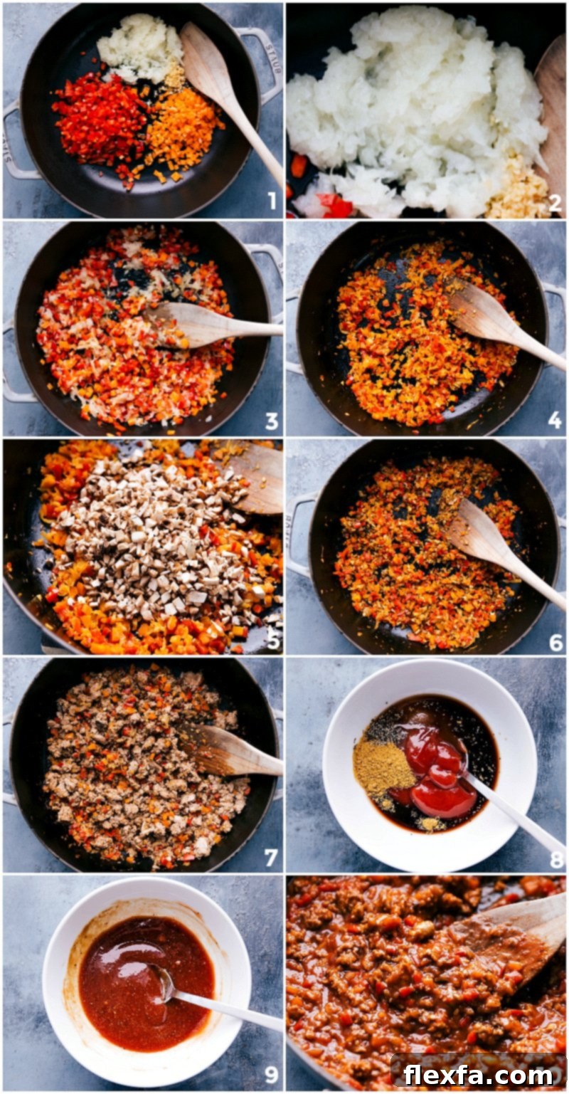 Cooking Turkey Sloppy Joes: A Visual Guide Through the Steps Cooking the ground turkey and finely chopped vegetables for a flavorful sloppy joe sauce in a pan.