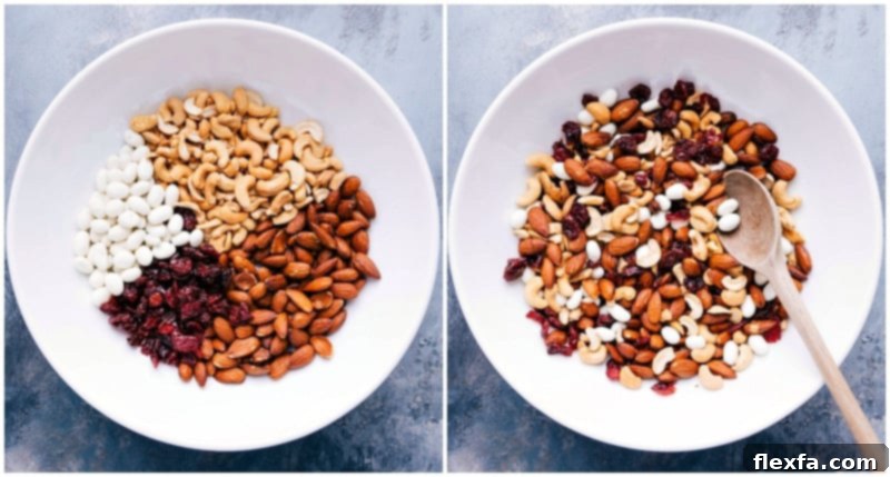 Ingredients for a healthy trail mix, such as dry roasted almonds, roasted cashews, dried cranberries, and vanilla yogurt raisins, being combined.