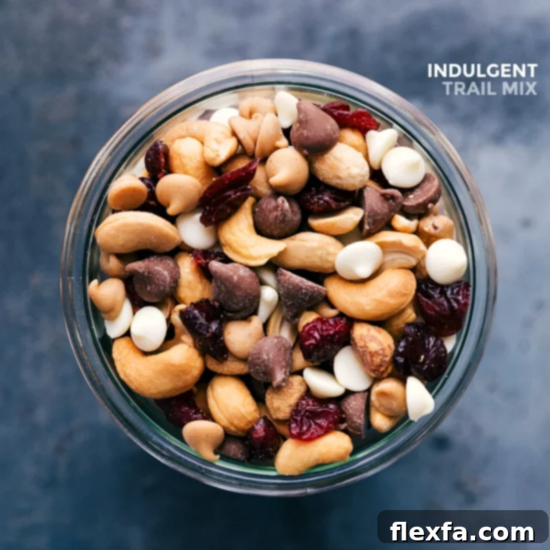 Jar filled with the finished, ready-to-eat indulgent snack, featuring a blend of nuts, dried fruits, and other tasty morsels.