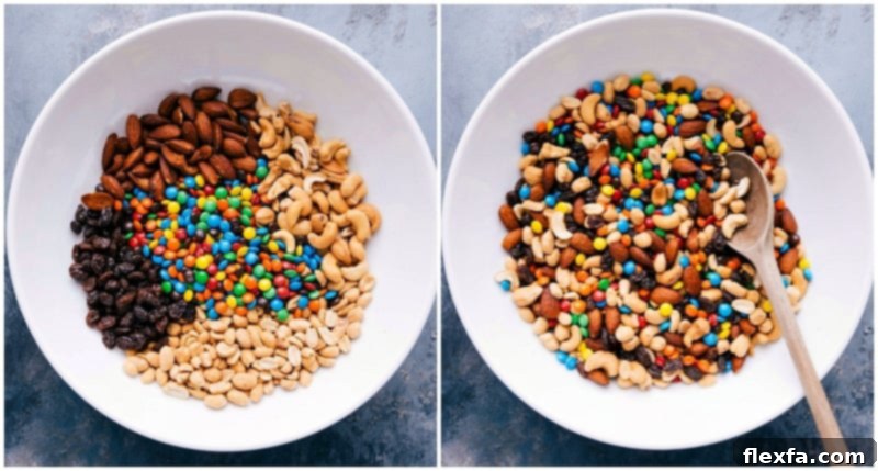 Ingredients for mountain trail mix, such as dry roasted peanuts, raisins, miniature M&M's, almonds, and cashews, being stirred together.