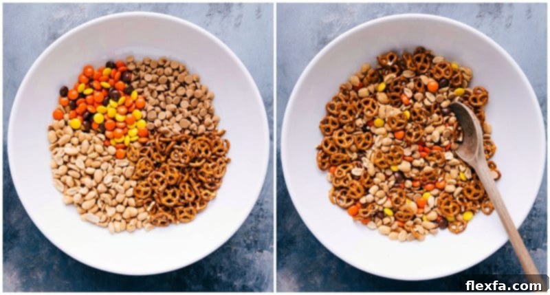 Ingredients for peanut lover's trail mix, featuring dry roasted peanuts, pretzels, peanut butter baking chips, and Reese’s pieces, being combined.