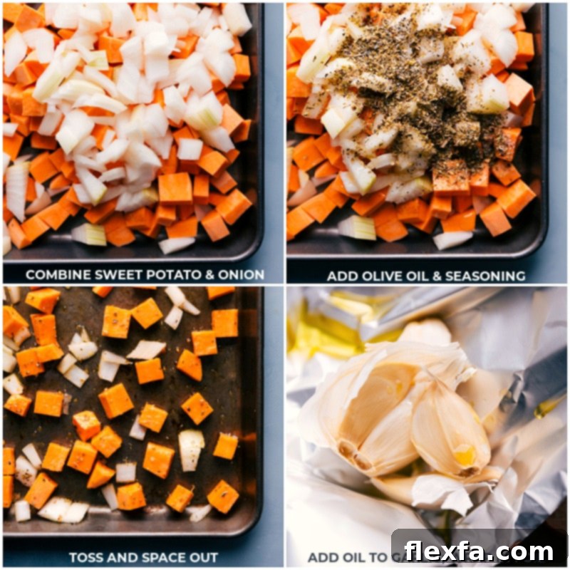 Preparing the roasted ingredients for Sweet Potato Pasta: seasoned sweet potatoes, onions, and chicken sausage destined for a creamy goat cheese sauce. Recipe via ChelseasMessyApron. Process shots showing sweet potatoes, onion, olive oil, seasonings, and garlic being added to a sheet pan and tossed together for roasting