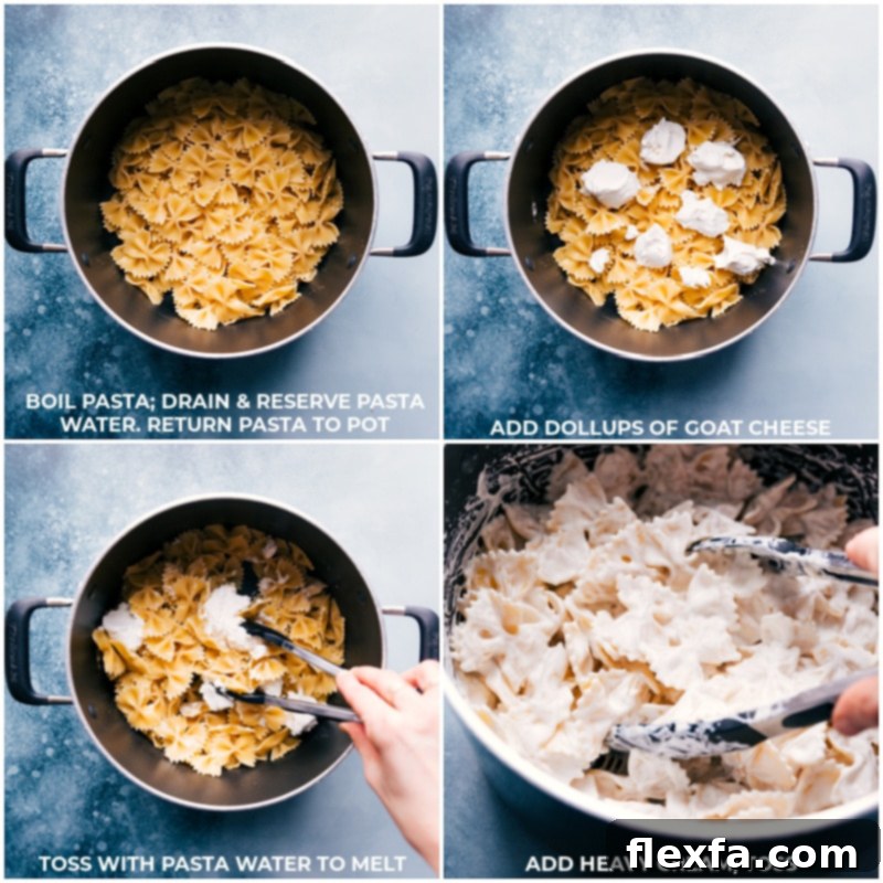 The hot pasta and goat cheese, cream, and pasta water come together to create an unforgettable creamy goat cheese sauce for this Sweet Potato Pasta, topped with Parmesan. Process shots of Sweet Potato Pasta: images of the pasta and goat cheese being mixed together and then heavy cream being tossed with it to create the sauce.