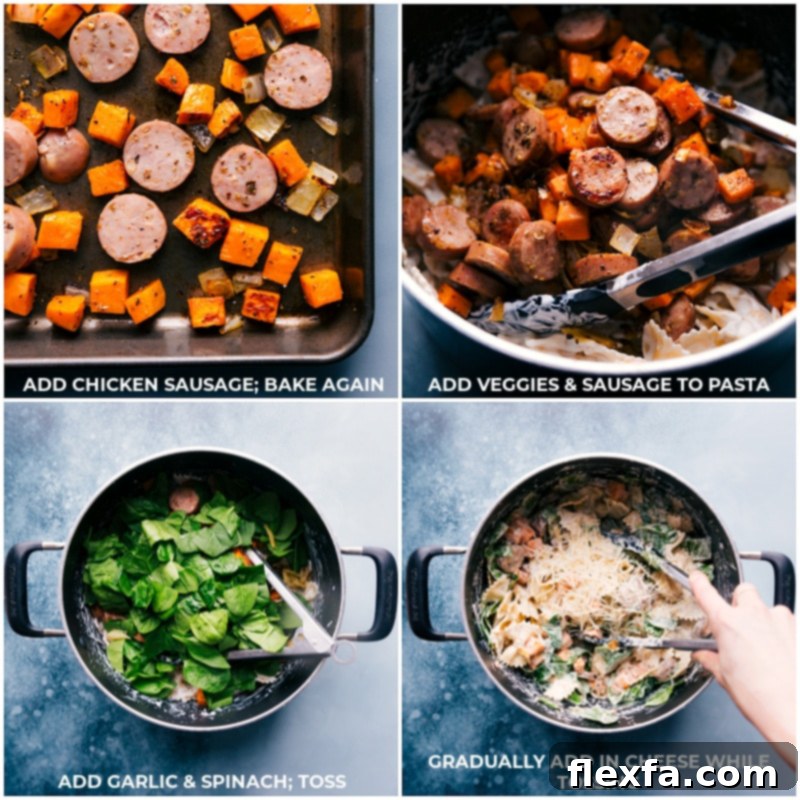 Sweet Potato Pasta with roasted and seasoned sweet potatoes, onions, and chicken sausage, tossed in an unforgettable creamy goat cheese sauce and topped with Parmesan for a perfect dinner. Process shots showing roasted vegetables being added to the pasta and tossed with garlic, spinach, and cheese