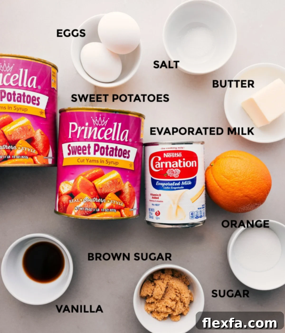 Key Ingredients For Crockpot Sweet Potato Casserole This Crockpot Sweet Potato Casserole recipe includes high-quality sweet potatoes, eggs, fine sea salt, unsalted butter, creamy evaporated milk, a hint of orange juice, and a blend of white and brown sugars, all finished with fragrant vanilla extract.