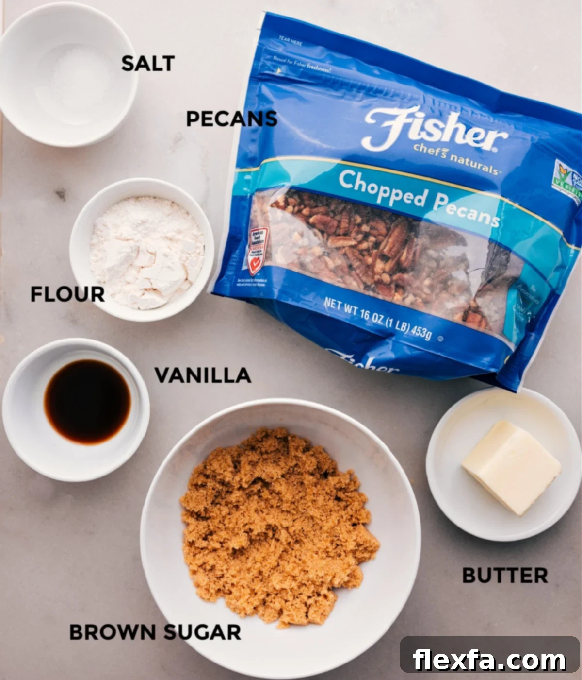 Prepped Ingredients For The Sweet Potato Casserole Topping The prepped topping ingredients for this Crockpot Sweet Potato Casserole, including perfectly chopped pecans, all-purpose flour, rich vanilla extract, light brown sugar, and softened butter, ready for mixing.