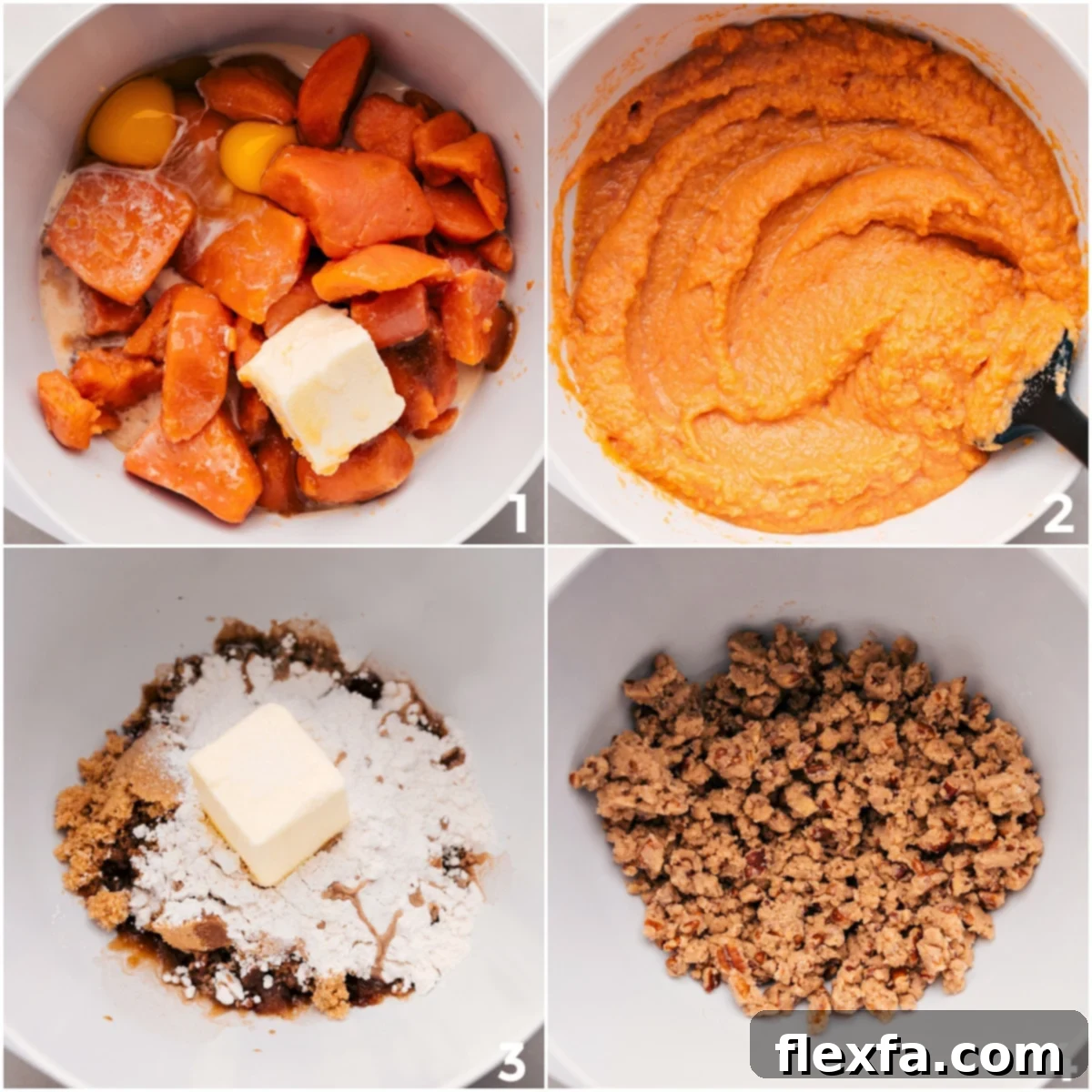 Preparing Crockpot Sweet Potato Casserole Components The creamy sweet potato filling ingredients are thoroughly mixed together in a bowl, while the crunchy pecan topping ingredients are combined separately, illustrating the distinct preparation stages before assembly in the slow cooker.