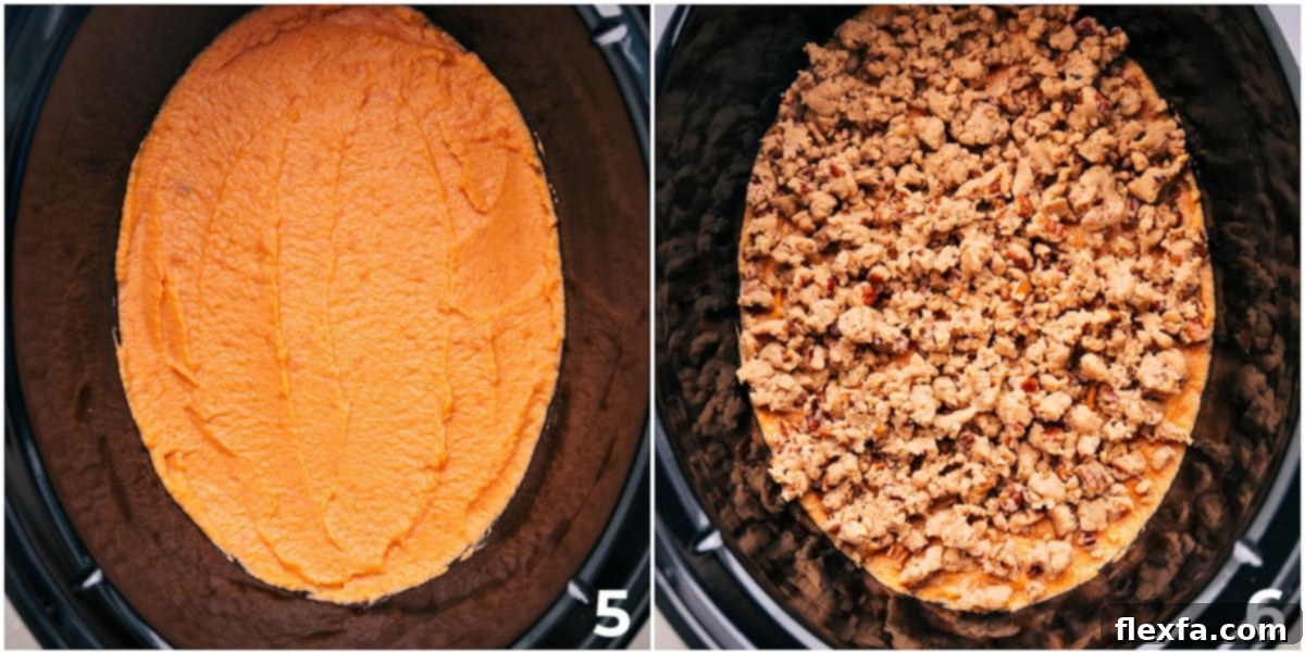 Slow Cooking Your Sweet Potato Casserole All the mixed filling ingredients and the prepared topping are carefully added to the slow cooker, ready to begin the gentle cooking process.