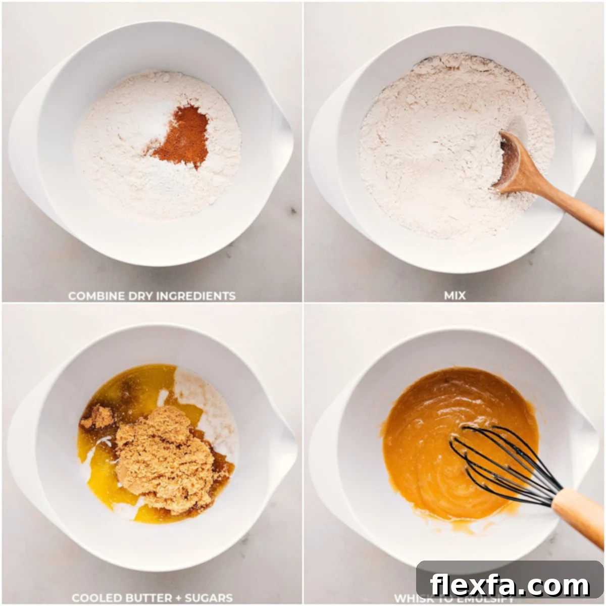The process of meticulously mixing dry ingredients with cooled melted butter, creating the foundation for the caramel stuffed snickerdoodle dough. The texture is just beginning to come together.