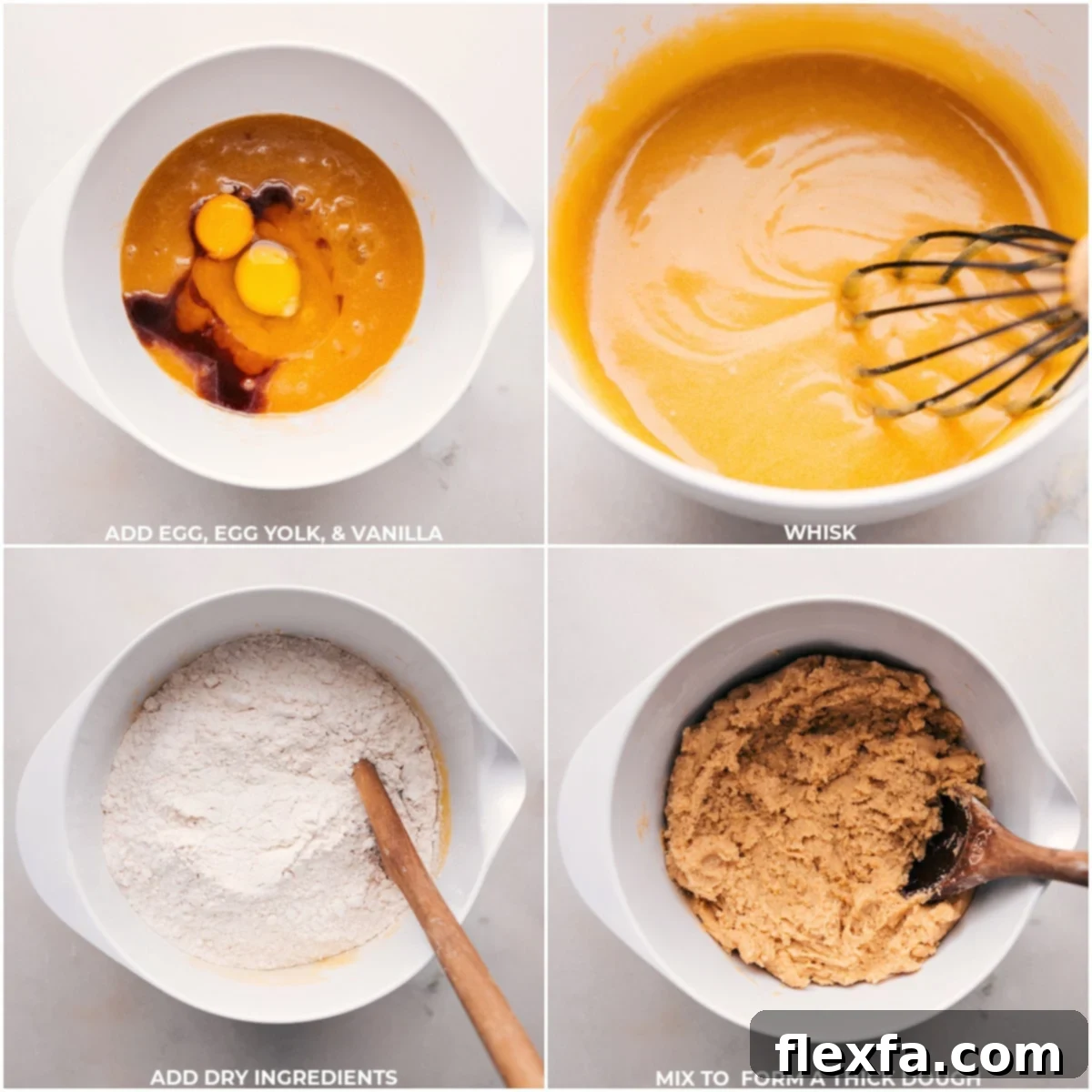Wet ingredients including eggs, egg yolk, and fragrant vanilla extract being expertly incorporated into the dry ingredients, slowly forming a smooth and cohesive snickerdoodle batter ready for the next baking stage.