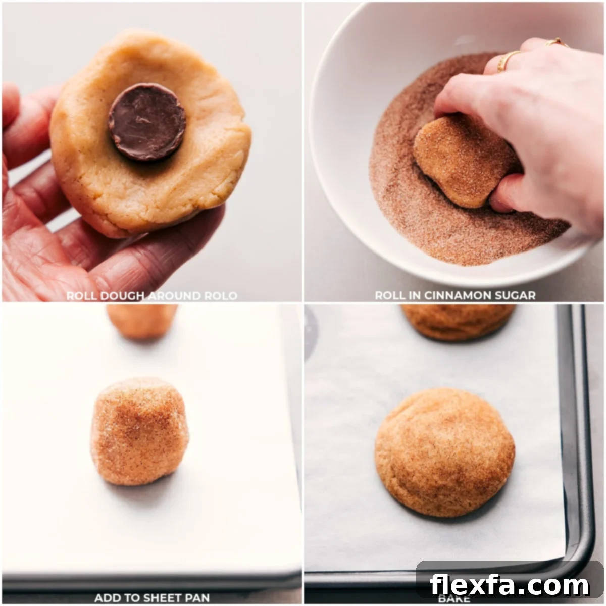 Rolo candies being carefully nestled into the center of unbaked caramel snickerdoodle dough balls, prior to being rolled in cinnamon sugar and baked to golden perfection on a baking sheet.