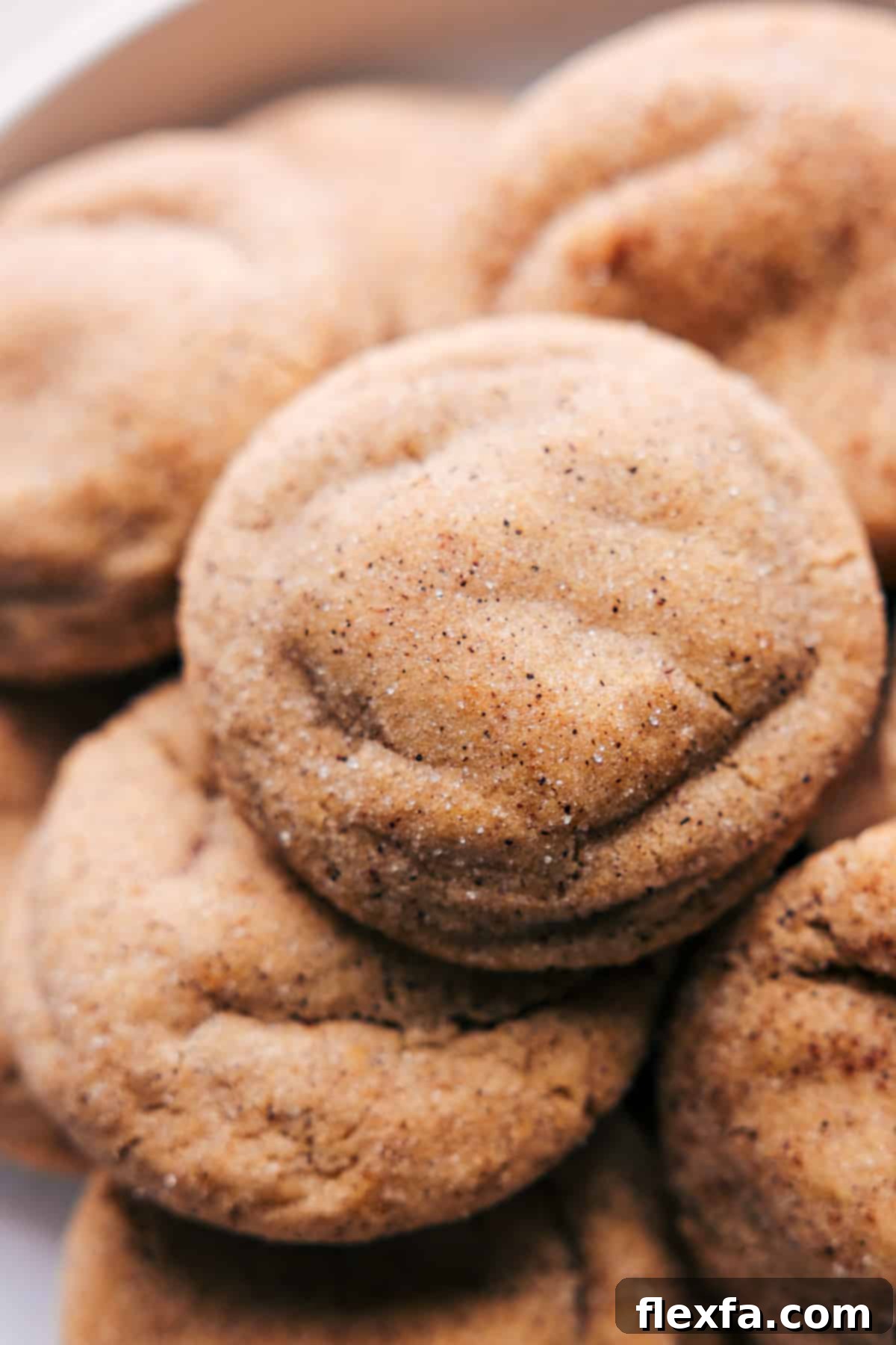 A charming plate laden with warm, freshly baked caramel snickerdoodles, inviting and perfectly golden brown, ready to be savored and enjoyed.