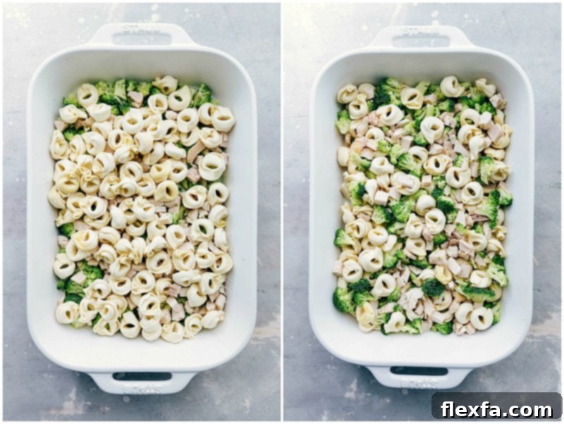 Pasta being poured into the casserole dish, ready for baking.
