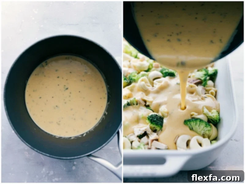 Rich, cheesy sauce being poured over the chicken tortellini casserole in preparation for baking.