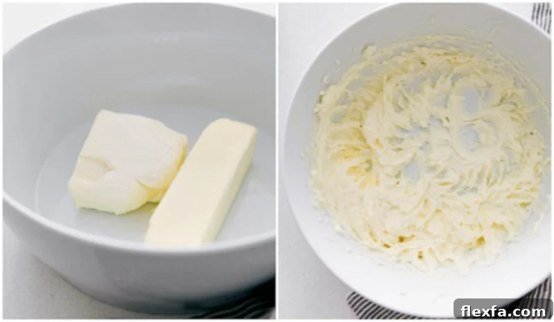 Process shots: creaming butter and cream cheese for Mint Chocolate Chip Cookies