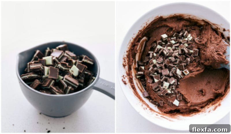 Adding chopped mint candies to the cookie batter