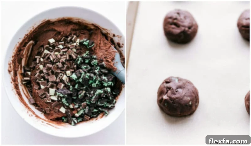 Process shots of making the cookies; Oreos added and cookie balls being rolled for baking